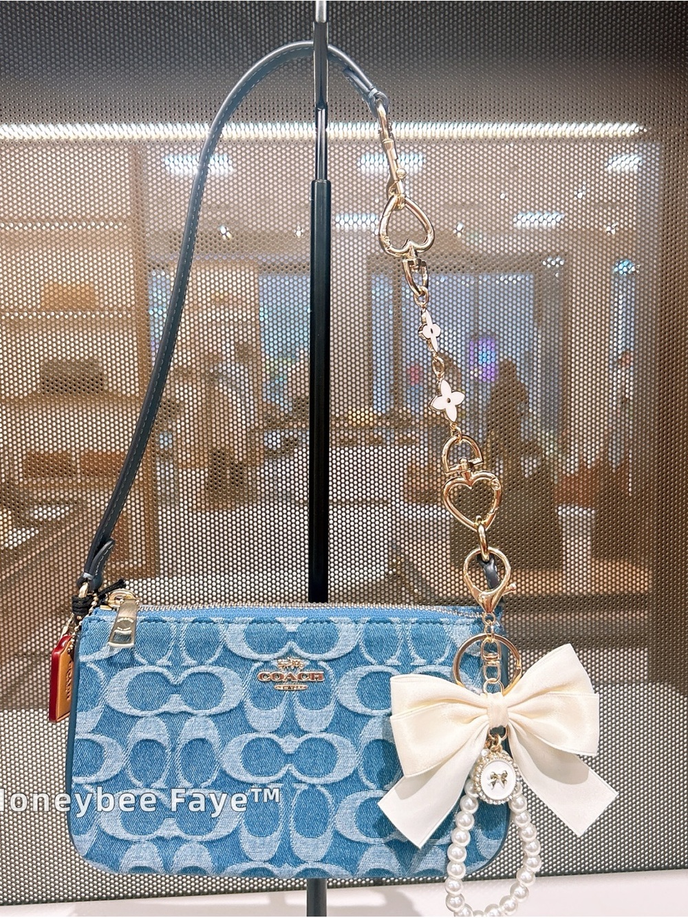 Coach Nolita 19 Light Blue Signature Denim Wristlet with free Pearl Bow Charm